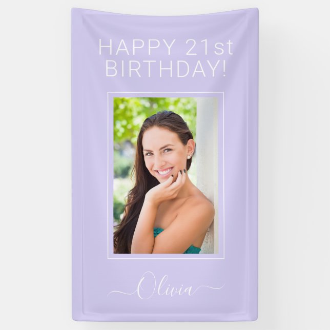 Birthday Photo Lavender Purple Script Girly Banner (Vertical)