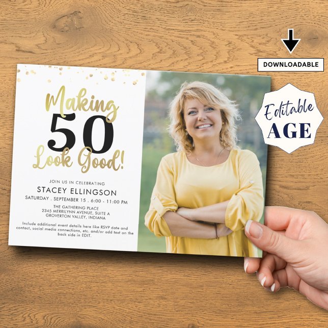 Birthday Photo Making AGE Look Good Black Gold Invitation (Creator Uploaded)