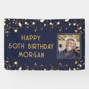 Birthday Photo Navy Blue Gold Stars Banner