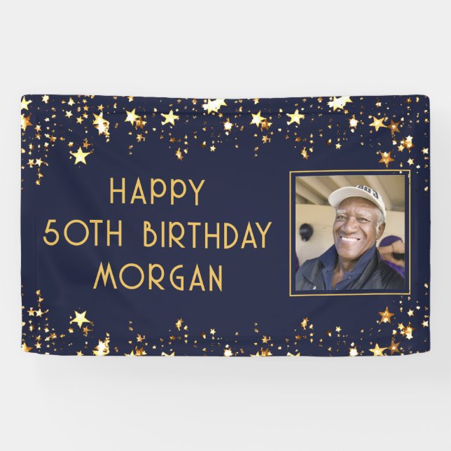 Birthday Photo Navy Blue Gold Stars Banner (Horizontal)