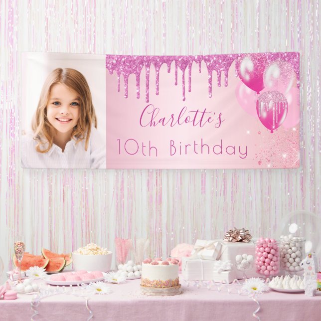 Birthday photo pink glitter monogram banner (Party)