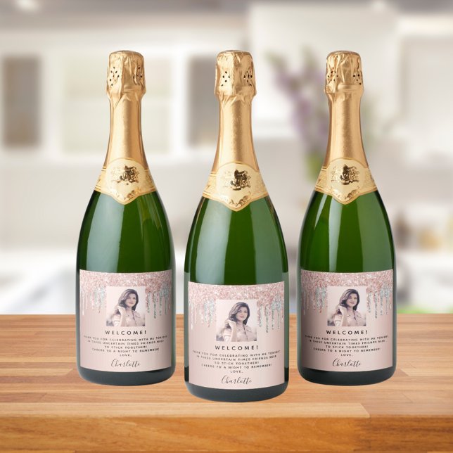 Birthday photo pink rose gold silver welcome sparkling wine label (Creator Uploaded)