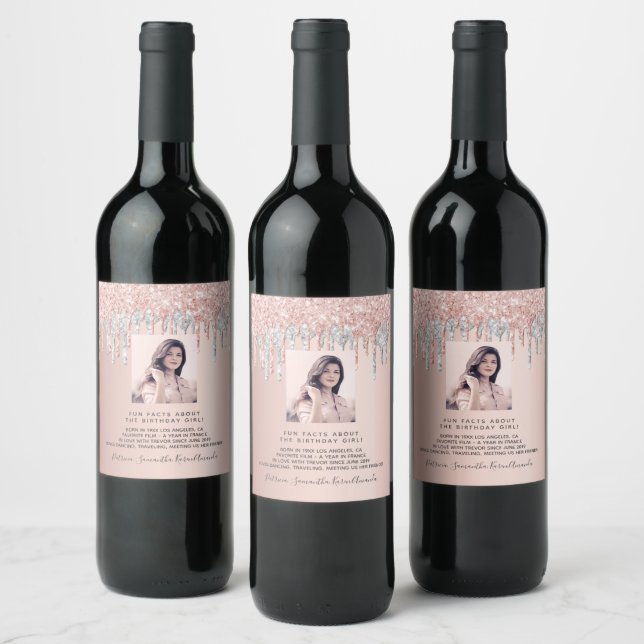 Birthday photo pink silver fun facts bio wine label (Bottles)