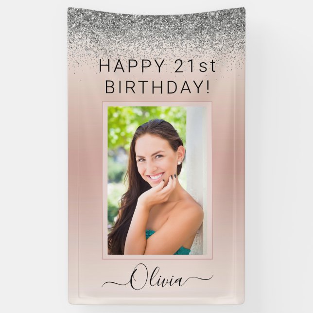 Birthday Photo Pink Silver Glitter Girly Rose Gold Banner (Vertical)