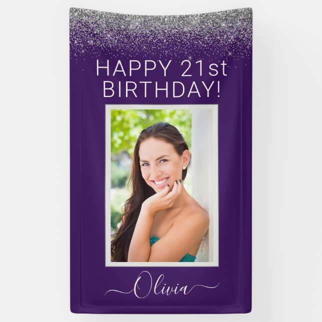 Birthday Photo Purple Silver Glitter Girly Banner (Vertical)