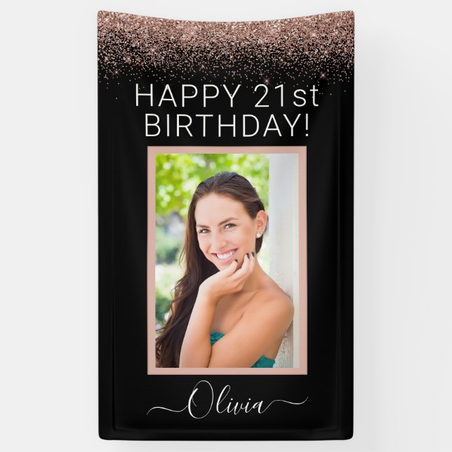 Birthday Photo Rose Gold Blush Pink Glitter Girly Banner (Vertical)