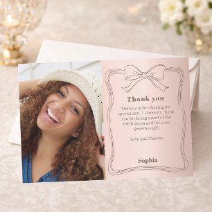 Birthday photo rose gold bow  thank you card