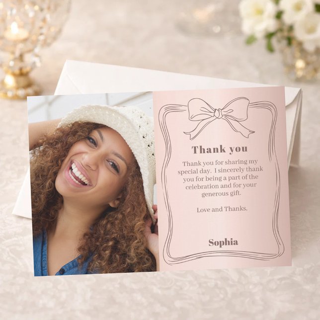 Birthday photo rose gold bow  thank you card (Creator Uploaded)