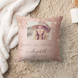 Birthday photo rose gold glitter dust name cushion