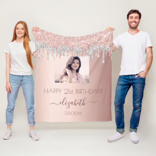 Birthday photo rose gold glitter pink silver glam fleece blanket
