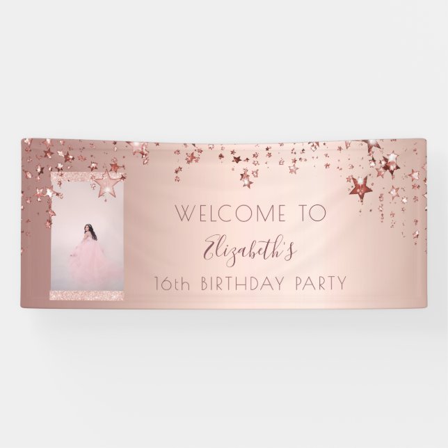 Birthday photo rose gold glitter stars welcome banner (Horizontal)