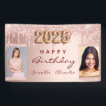 Birthday photo rose gold glitter two friends 2025 banner<br><div class="desc">A banner for a girly and glamourous birthday party for two girls, women. A faux rose gold metallic looking background with an elegant faux rose gold, pink glitter drips, paint dripping look. Personalise and add your own 2 two photos of the birthday girls. Text: Happy Birthday. The word Birthday and...</div>