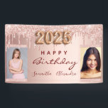 Birthday photo rose gold glitter two friends 2025 banner<br><div class="desc">A banner for a girly and glamourous birthday party for two girls, women. A faux rose gold metallic looking background with an elegant faux rose gold, pink glitter drips, paint dripping look. Personalise and add your own 2 two photos of the birthday girls. Text: Happy Birthday. The word Birthday and...</div>