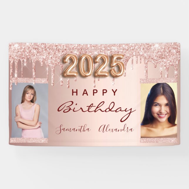 Birthday photo rose gold glitter two friends 2025 banner (Horizontal)