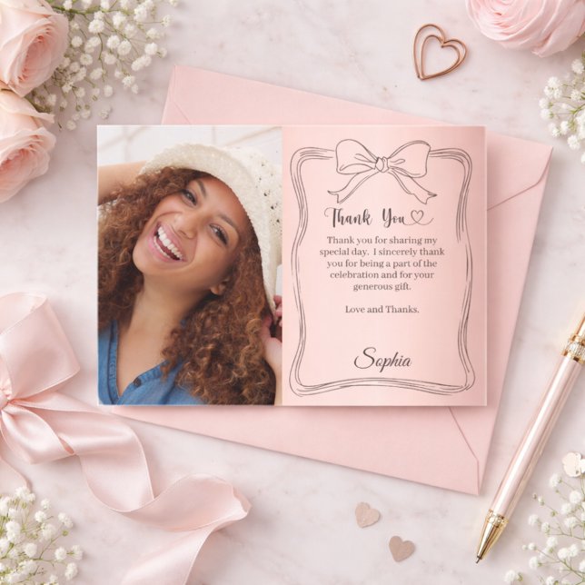 Birthday photo rose gold hand-written bow  thank you card (Creator Uploaded)