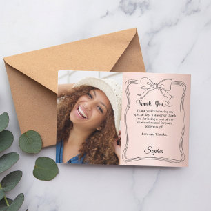 Birthday photo rose gold hand-written bow thank you card