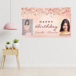 Birthday photo rose gold pink glitter friends  banner<br><div class="desc">A banner for a girly and glamourous birthday party for two girls, women. Sisters, twins, friends or family members. A rose gold and blush pink gradient background, glitter dust. Add your own 2 two photos of the birthday girls. Text: Happy Birthday. The word Birthday and the names are written with...</div>