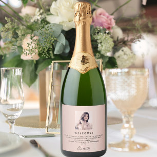 Birthday photo rose gold pink welcome favour sparkling wine label