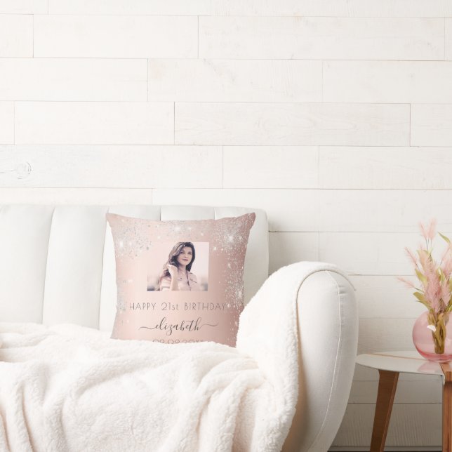 Birthday photo rose gold silver glitter dust name cushion (Couch)