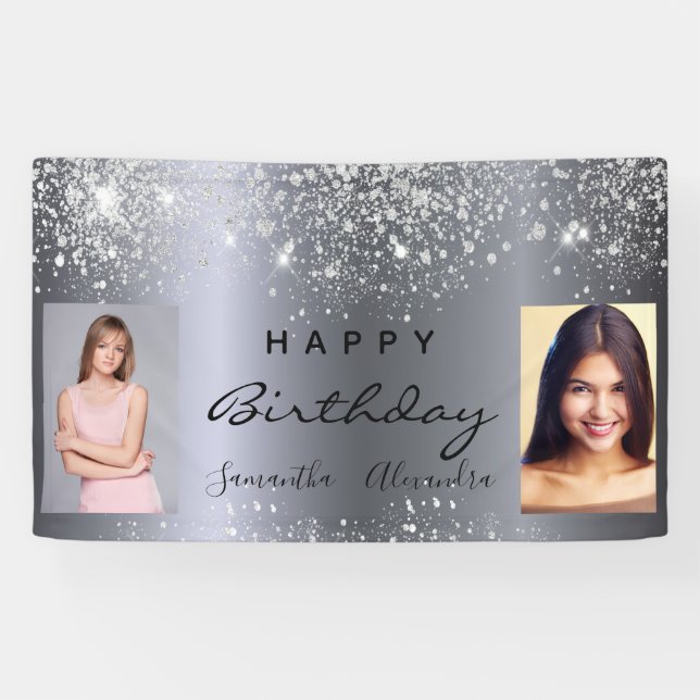 Birthday photo silver glitter best friends twins banner (Horizontal)