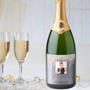 Birthday photo silver glitter pink fun facts bio sparkling wine label