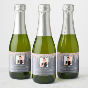 Birthday photo silver glitter pink fun facts bio sparkling wine label