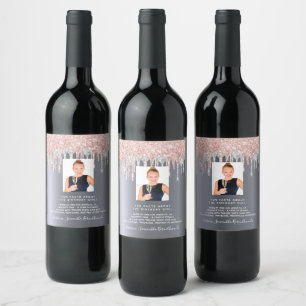 Birthday photo silver glitter pink fun facts bio wine label