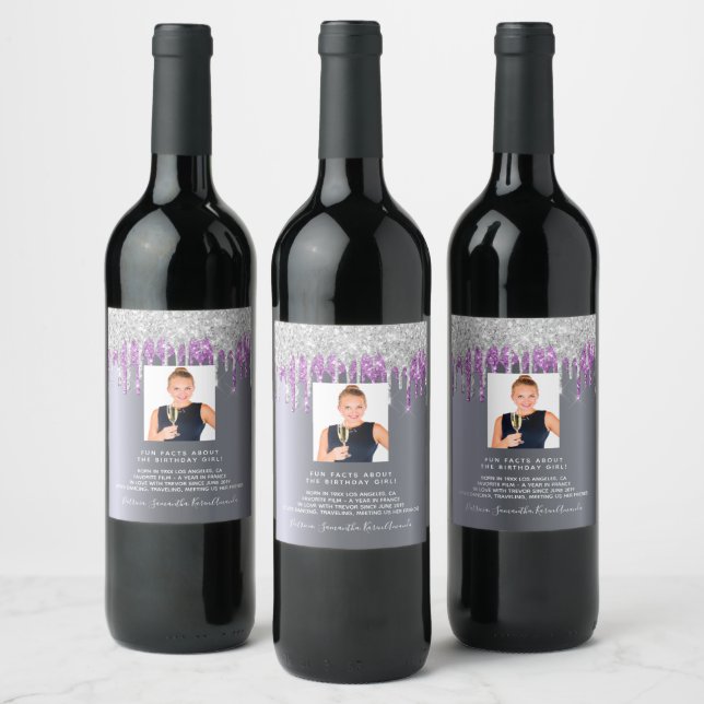 Birthday photo silver glitter purple fun facts bio wine label (Bottles)