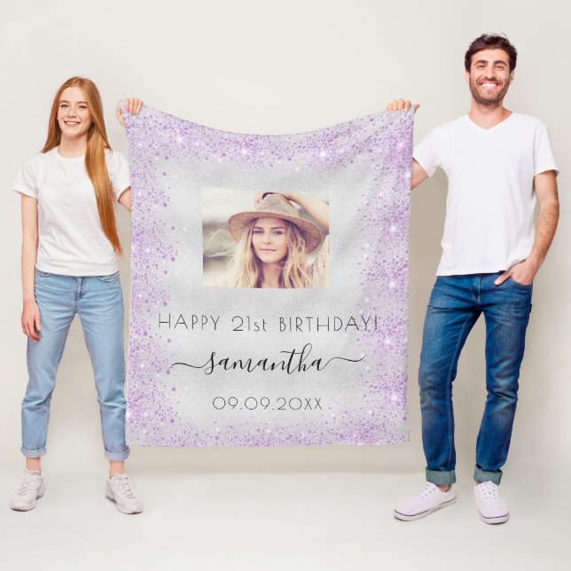 Birthday photo silver purple glitter dust monogram fleece blanket (In Situ)
