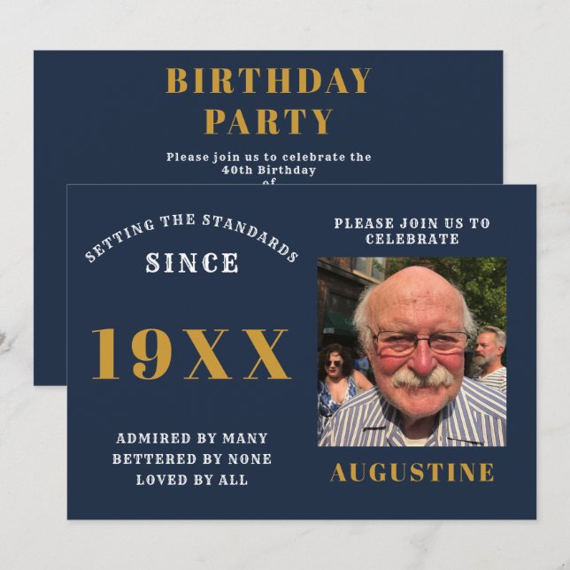 Birthday Photo Template Elegant Chic Blue Gold (Front/Back)