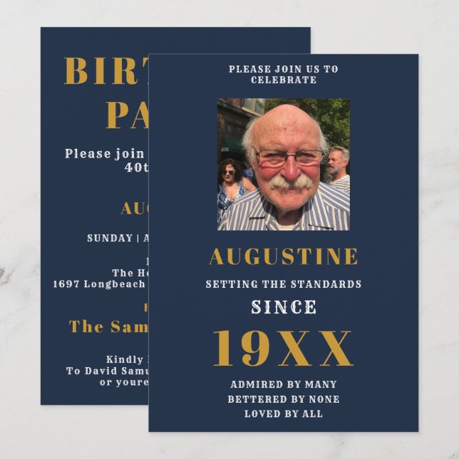 Birthday Photo Template Elegant Chic Blue Gold (Front/Back)