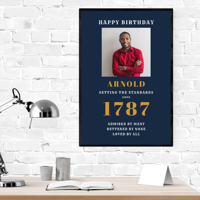 Birthday Photo Template Elegant Chic Blue Gold Pos Poster (Creator Uploaded)