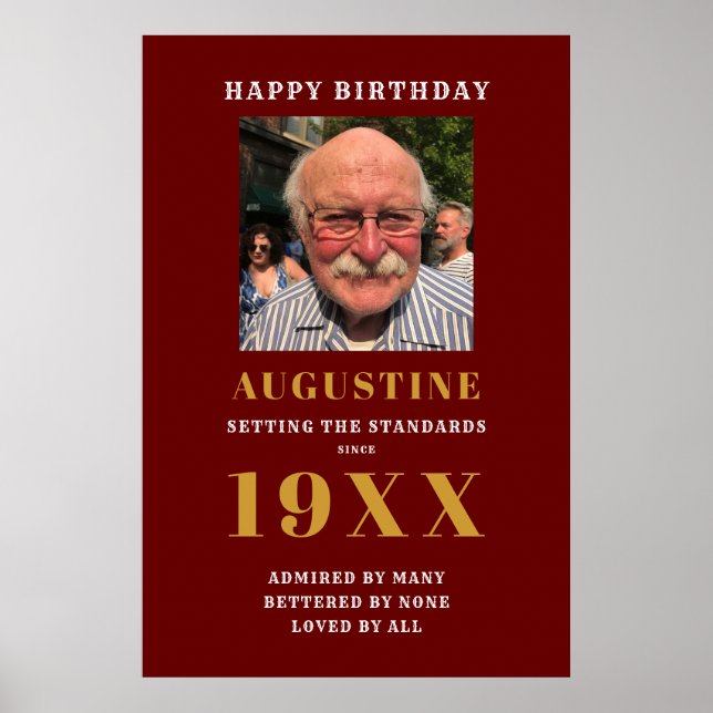 Birthday Photo Template Elegant Chic Name Red Gold Poster (Front)