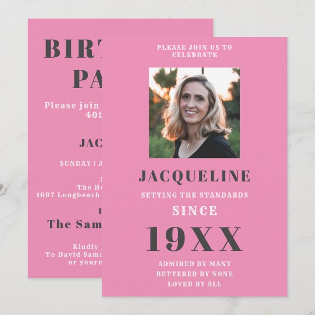 Birthday Photo Template Elegant Chic Pink Grey (Front/Back)