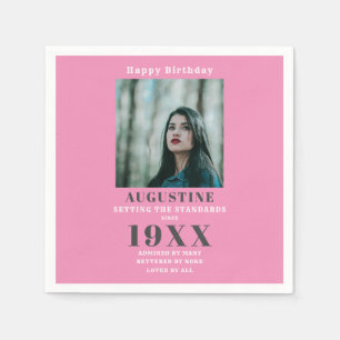 Birthday Photo Template Elegant Girly Pink Grey Napkin