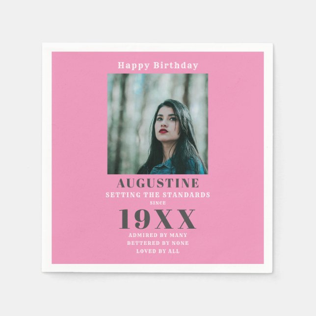 Birthday Photo Template Elegant Girly Pink Grey Napkin (Front)