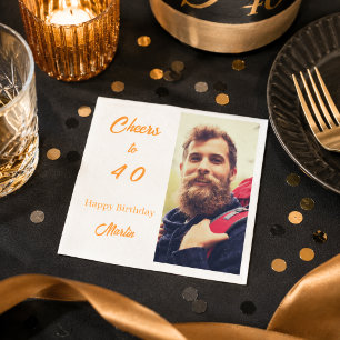 Birthday photo white gold cheers men napkin