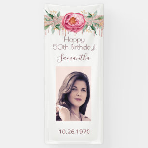 Birthday photo white rose gold glitter floral banner