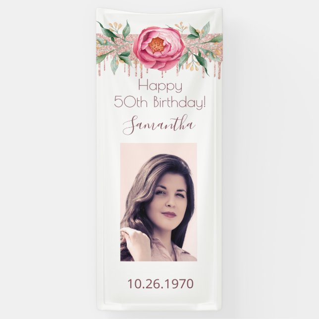Birthday photo white rose gold glitter floral banner (Vertical)