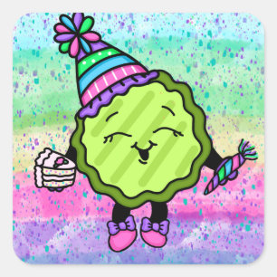Birthday Pickle   Pink and Purple Birthday Hat Square Sticker