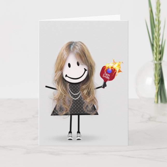 Birthday Pickleball Stick Figure Girl Card (Front)