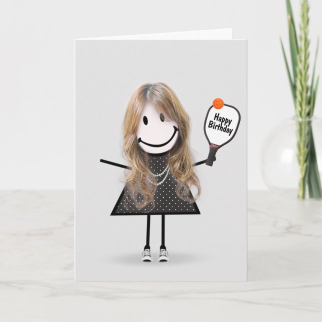 Birthday Pickleball Stick Figure Girl  Card (Front)