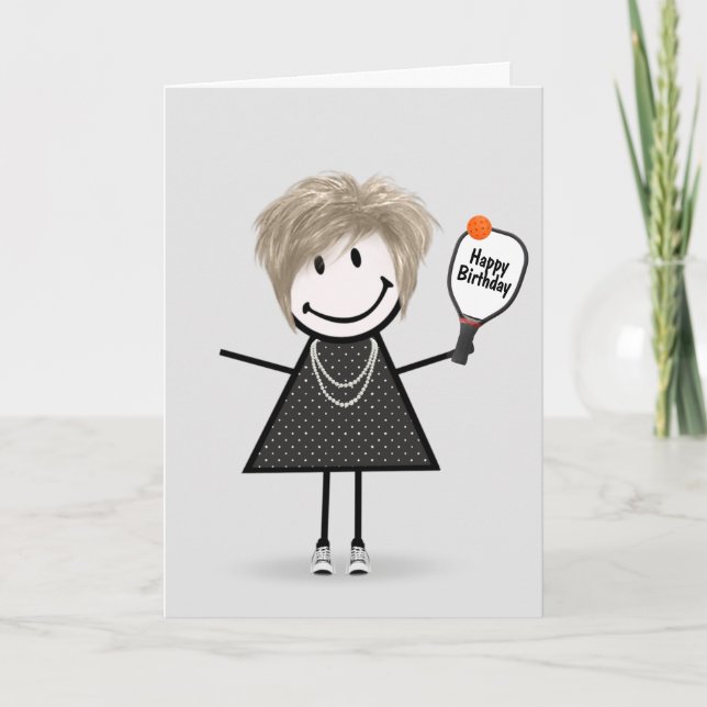 Birthday Pickleball Stick Figure Girl Card (Front)