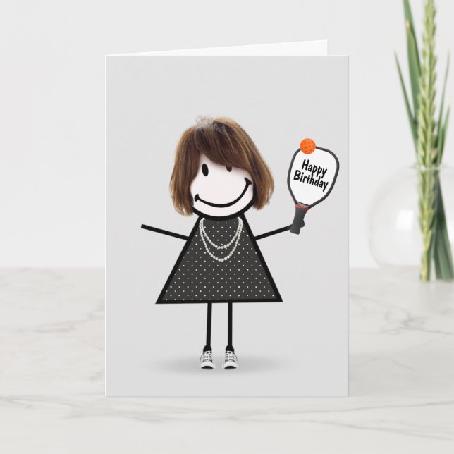 Birthday Pickleball Stick Figure Girl Card (Front)