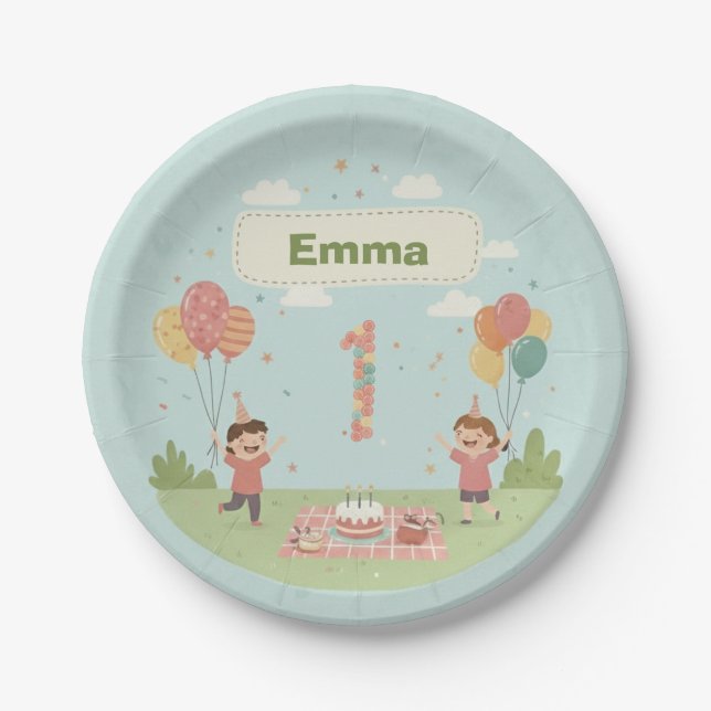 Birthday Picnic, Cute Retro Style, Age 1 Paper Plate (Front)