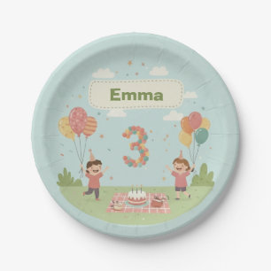 Birthday Picnic, Cute Retro Style, Age 3 Paper Plate