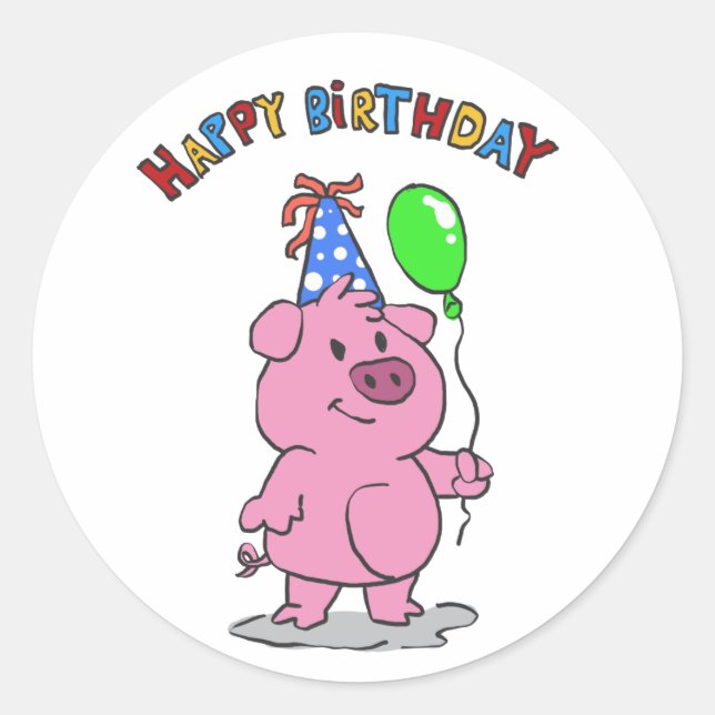 Birthday Pig cartoon | choose background colour Classic Round Sticker (Front)