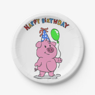 Birthday Pig cartoon   choose background colour Paper Plate