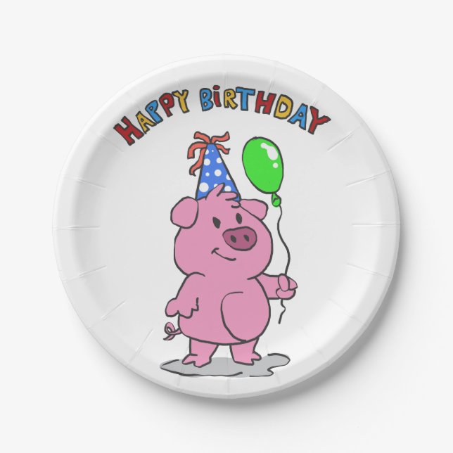 Birthday Pig cartoon | choose background colour Paper Plate (Front)