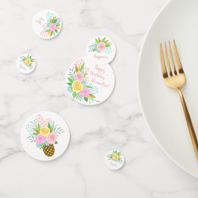 Birthday Pineapple Roses Floral Pink Turquoise Confetti (Group)